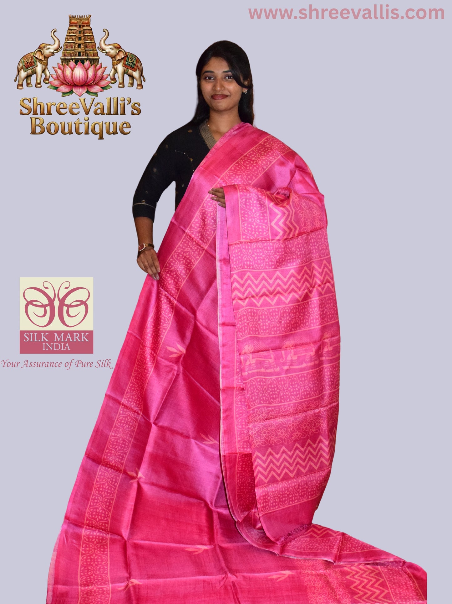 Premium Rani Pink Pure Tussar Silk Saree with Chevron & Heritage Pallu