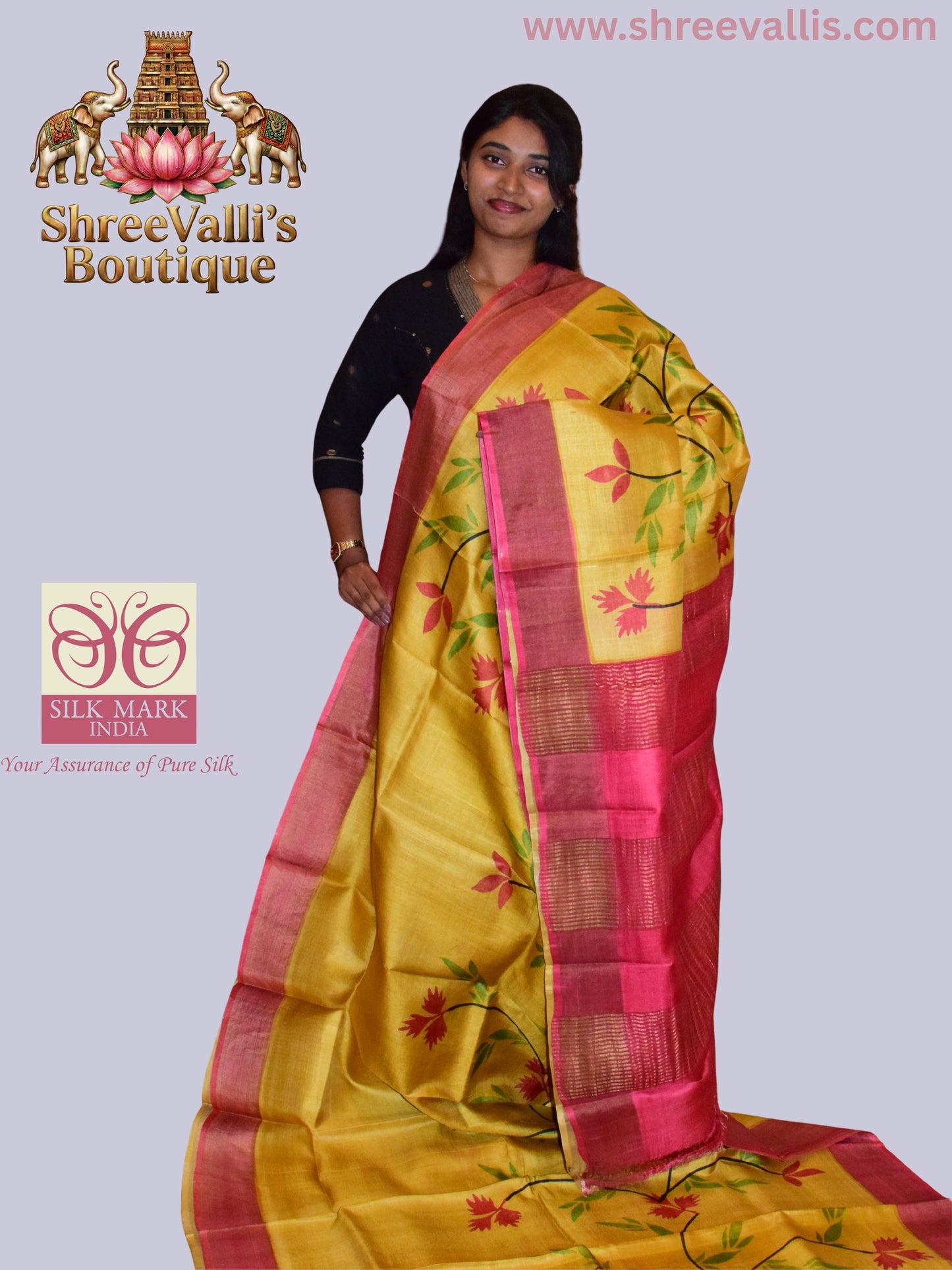 Vibrant Golden Yellow Pure Tussar Silk Saree with Floral motifs