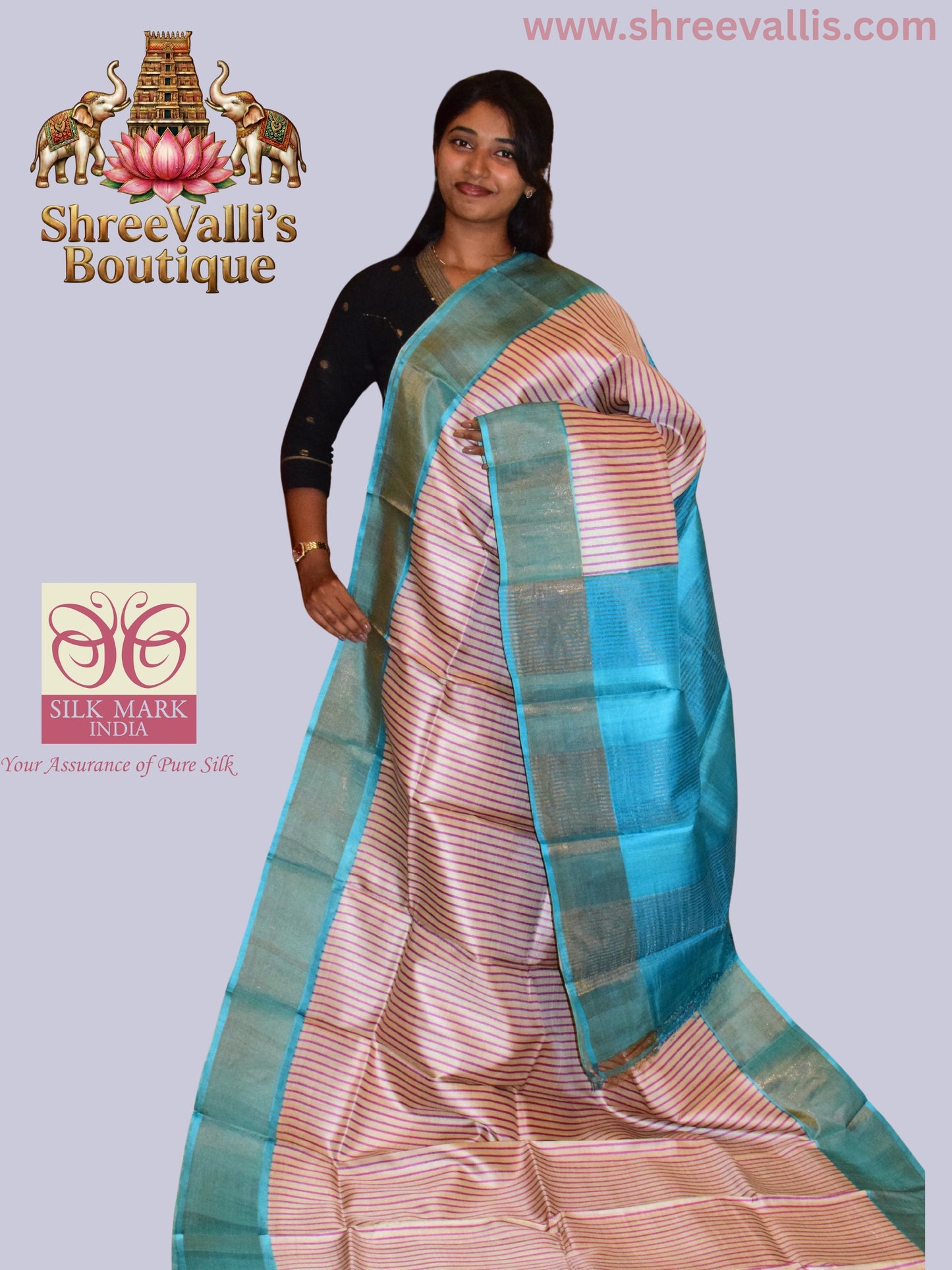 Ivory & Purple Striped Pure Tussar Silk Saree with Turquoise Border