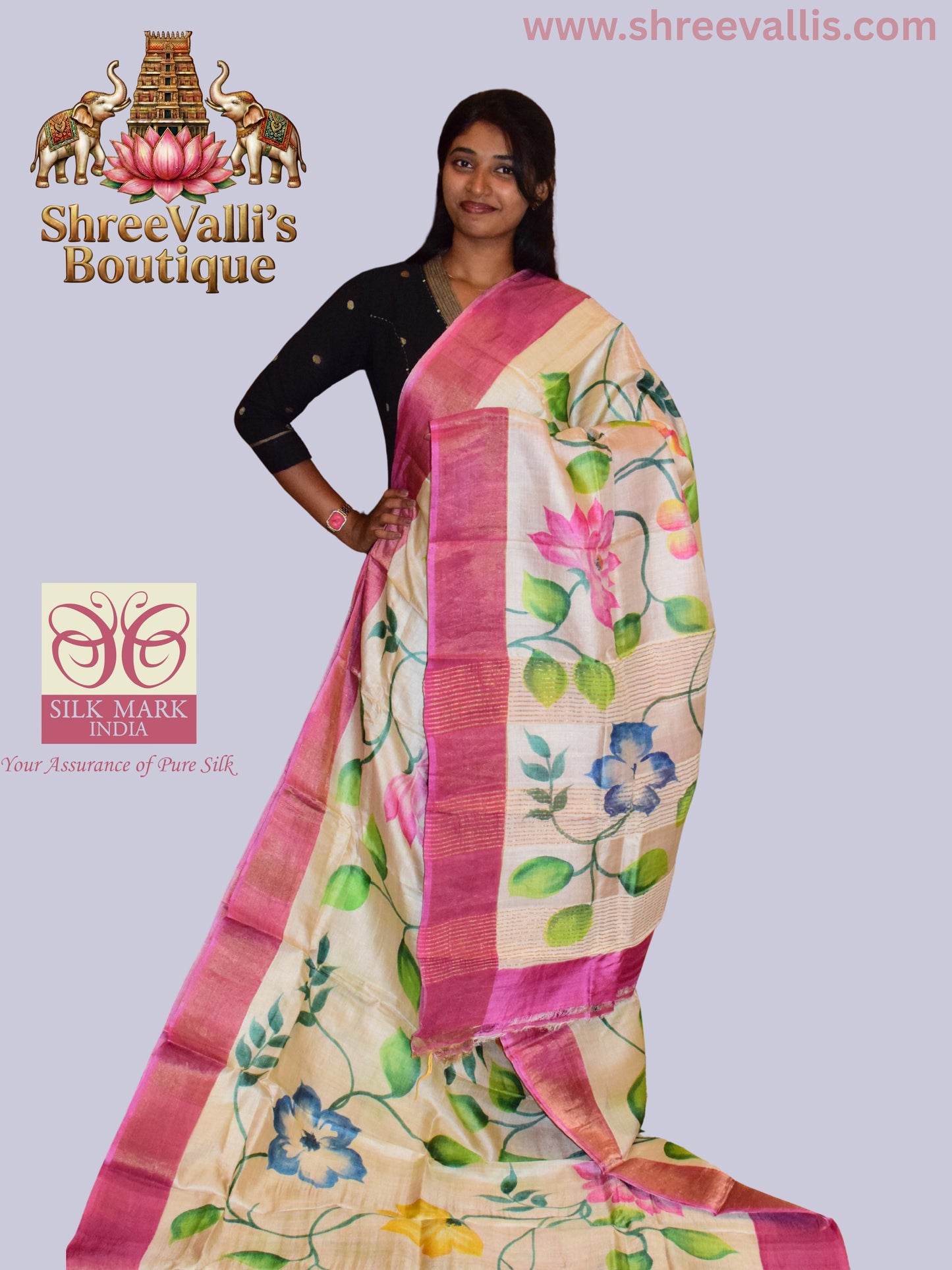 Premium Hand-Painted Floral Ivory Pure Tussar Silk Saree with Rani Pink Border