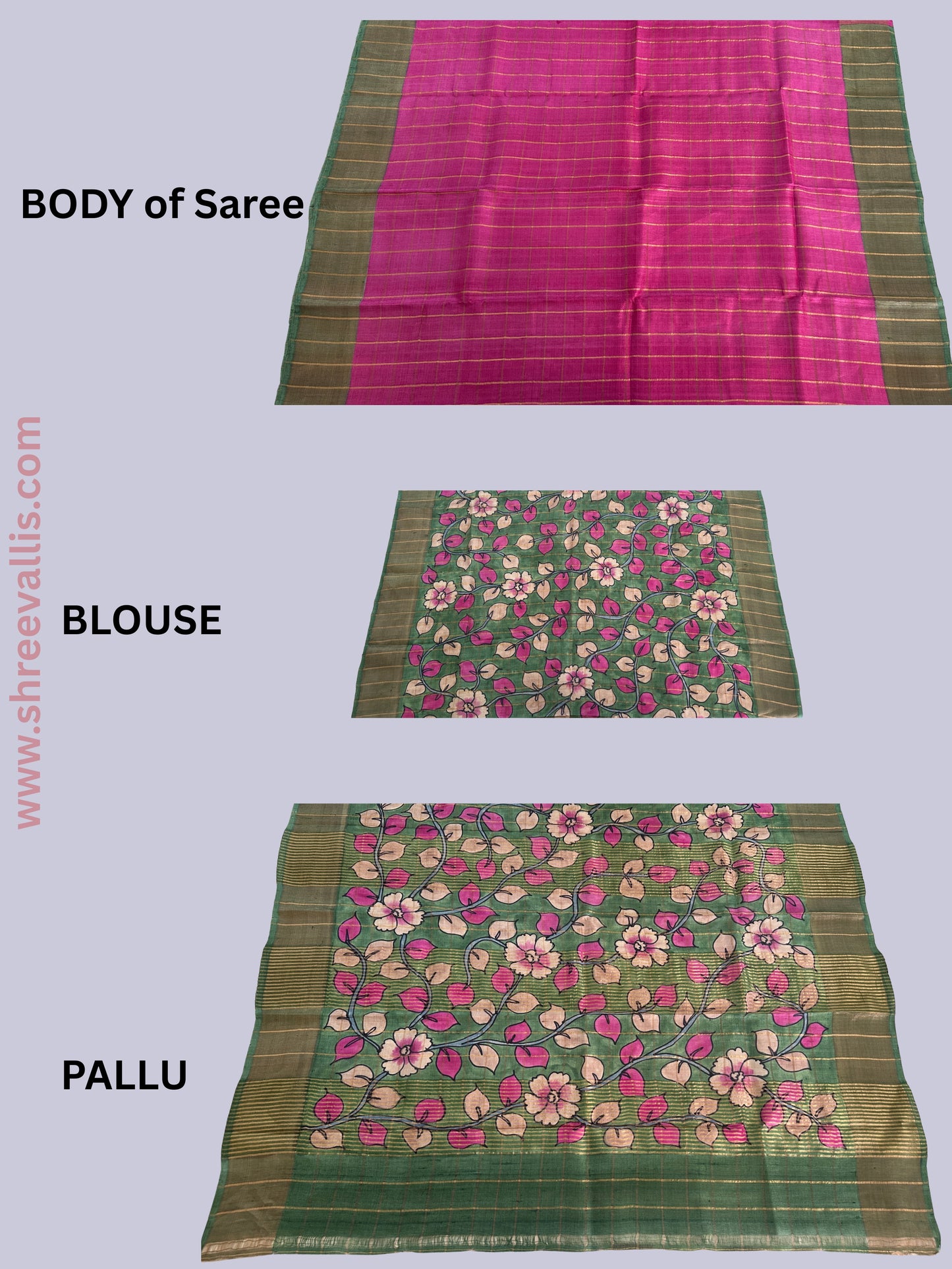 Radiant Pink Gold Checks with Floral Pallu - Pure Tussar Silk Saree