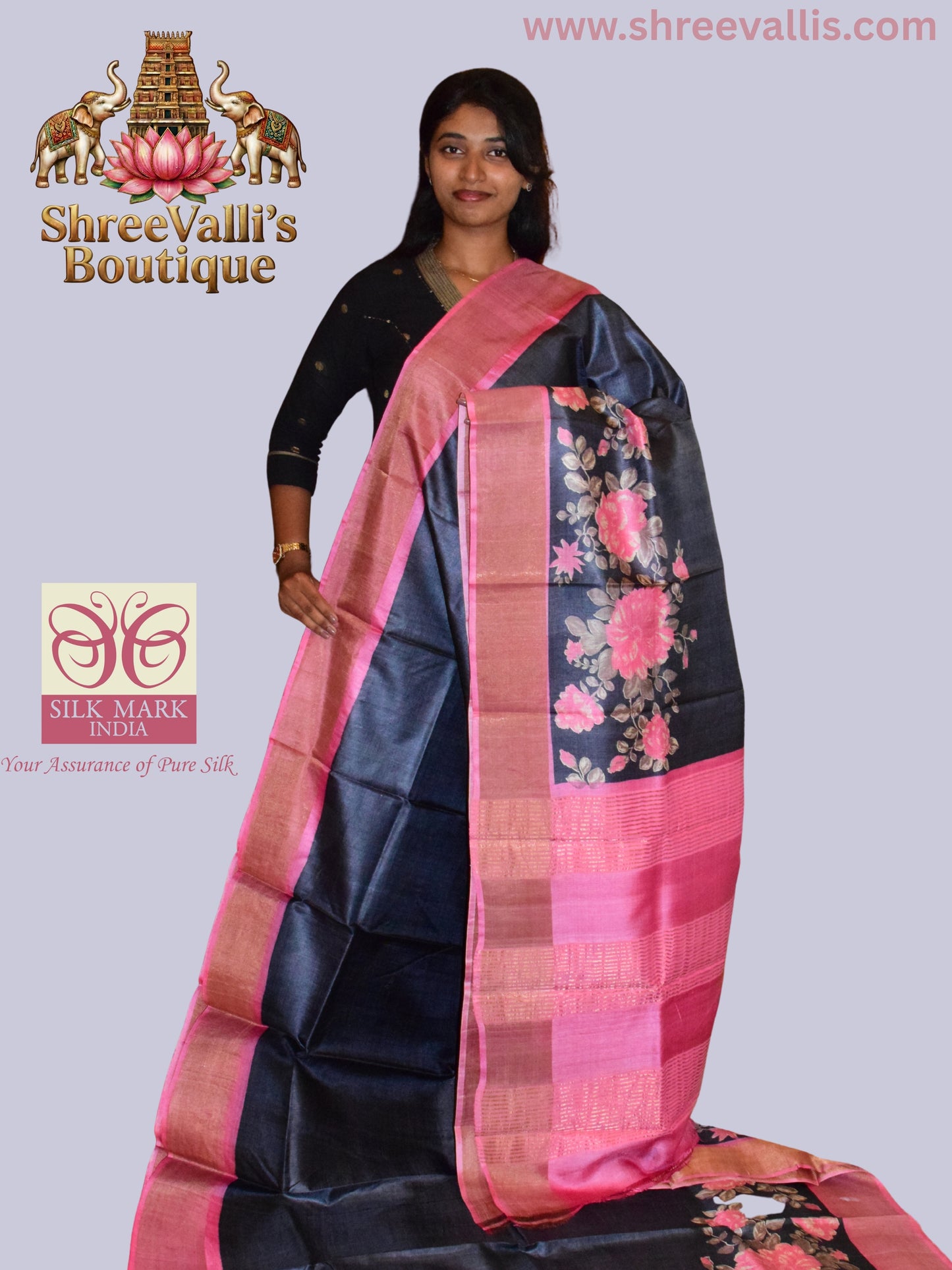 Midnight Black Pure Tussar Silk Saree with Rani Pink Floral Pallu