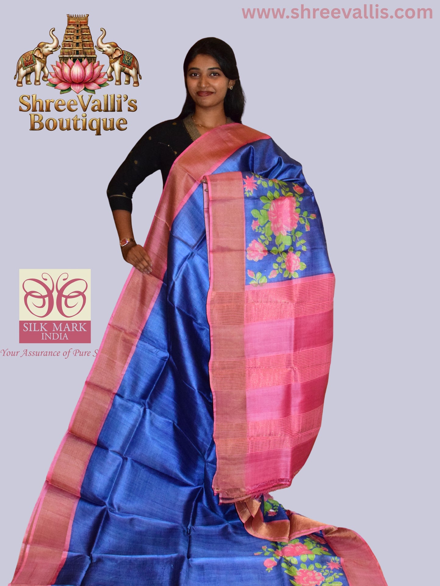 Royal Blue Pure Tussar Silk Saree with Rani Pink Floral Border