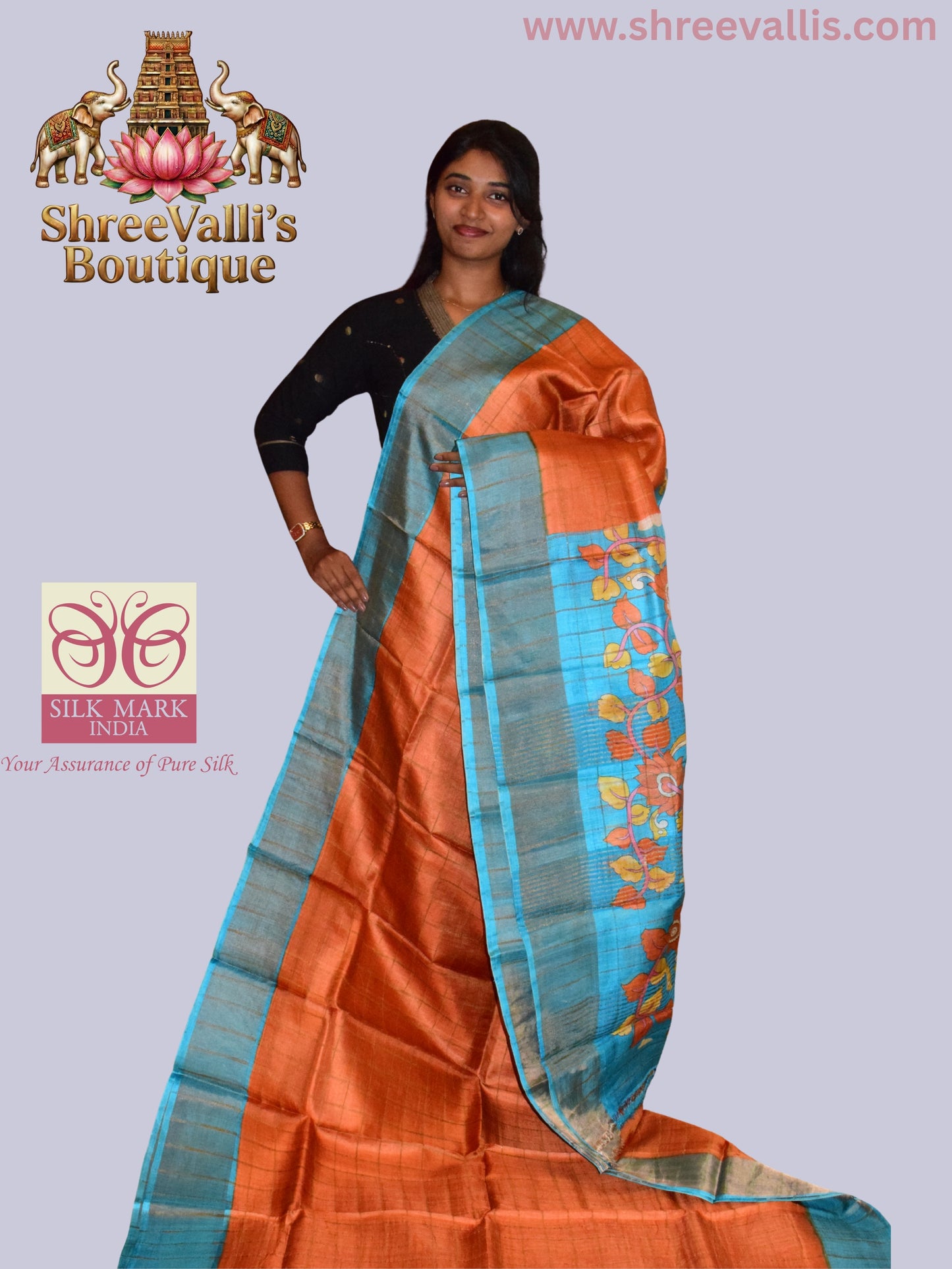 Copper-Rust Gold Checks Pure Tussar Silk Saree with Turquoise Floral Pallu
