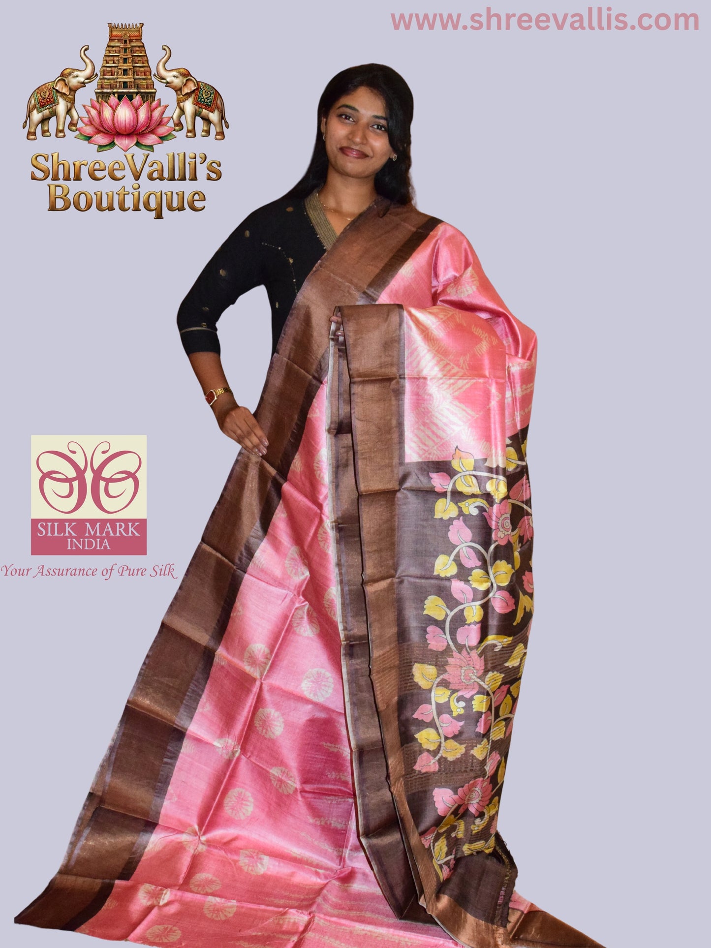 Soft Rose Pure Tussar Silk Saree with Earthen Brown Floral Pallu