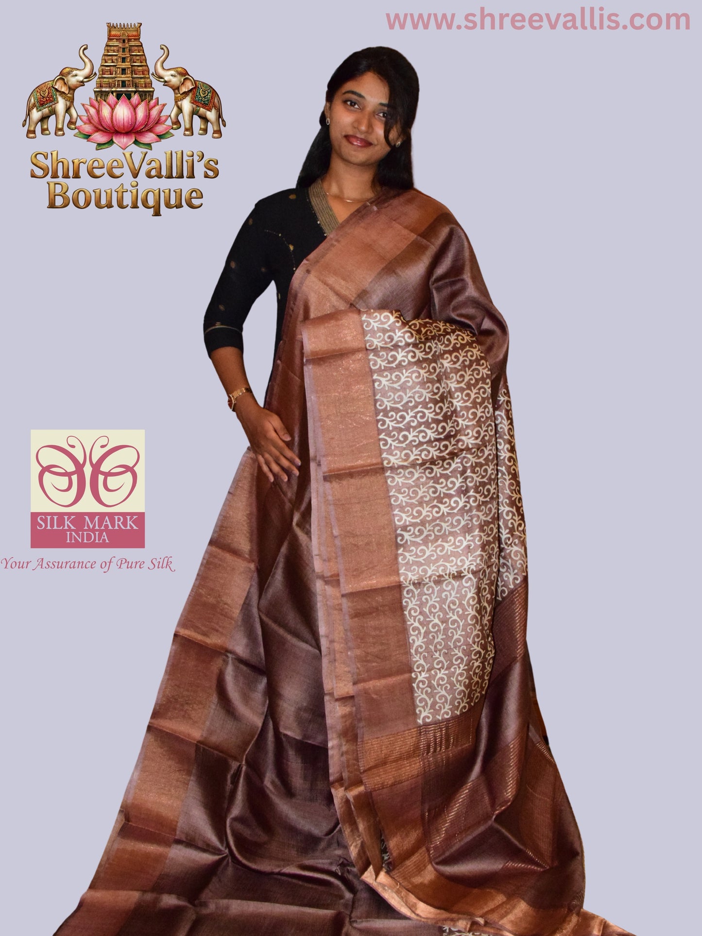 Copper Brown Pure Tussar Silk Saree with Ivory Vine Pallu