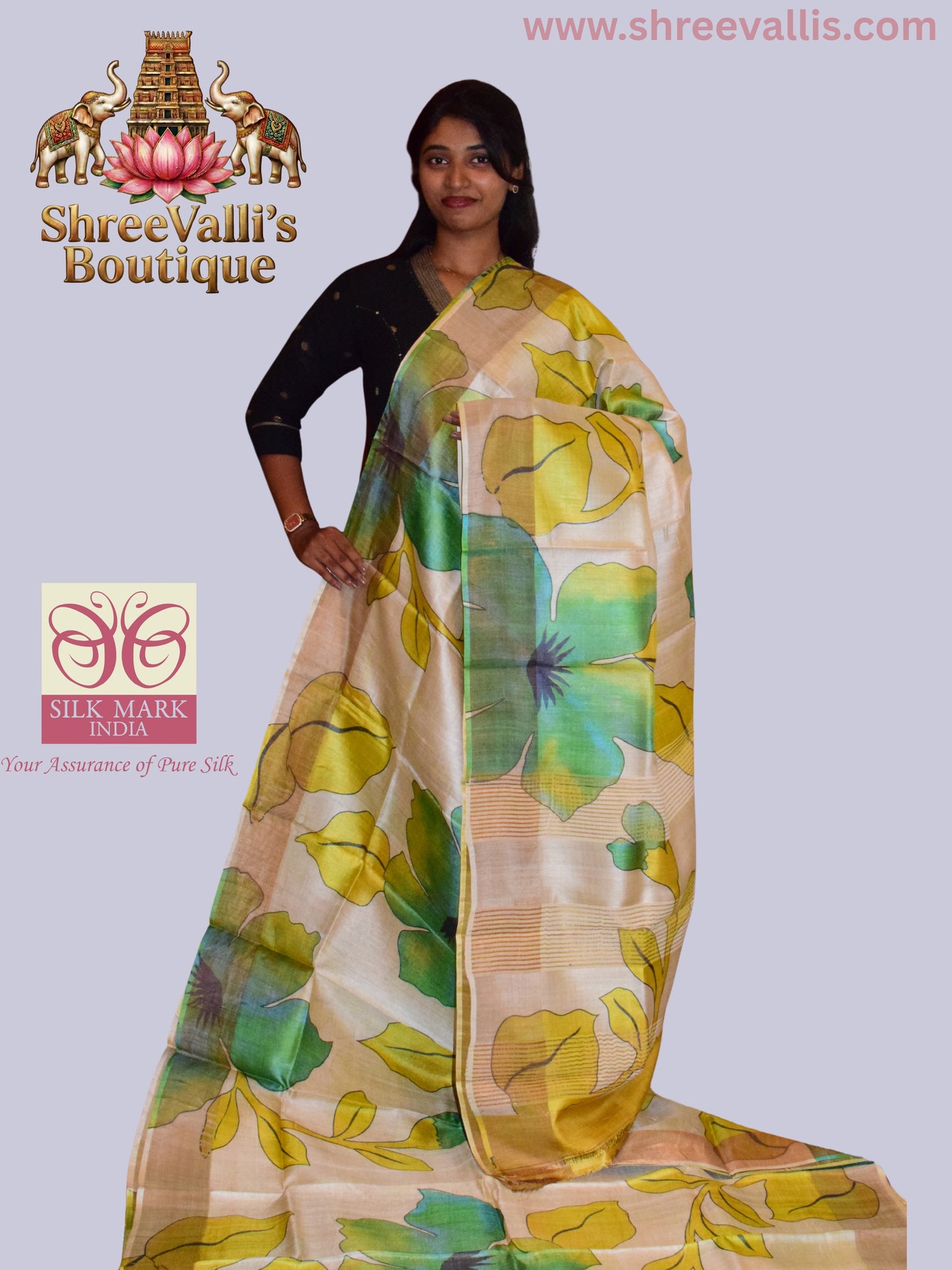 Ivory Pure Tussar Silk Saree with Vibrant Green & Yellow Floral Blooms