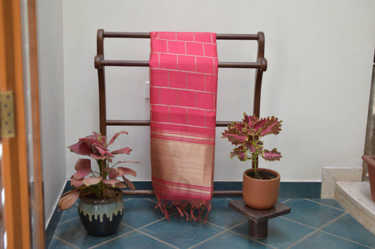 Festive Saree - Orange Semi Silk Checks