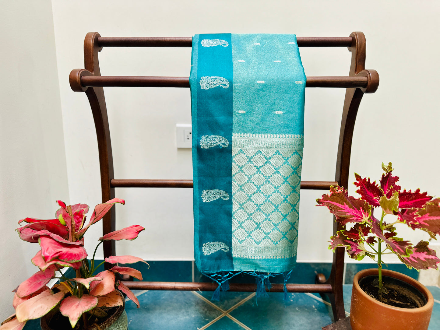 Festive Saree - Elegant Teal colour - Tissue Silk with Silver Butta