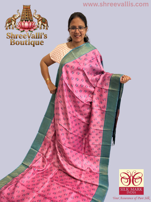 Soft Pink & Teal with Striped Zari Pallu - Pure Tussar Silk Saree
