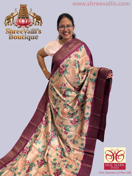 Floral Beige & Deep Magenta border with Zari Pallu - Pure Tussar Silk Saree