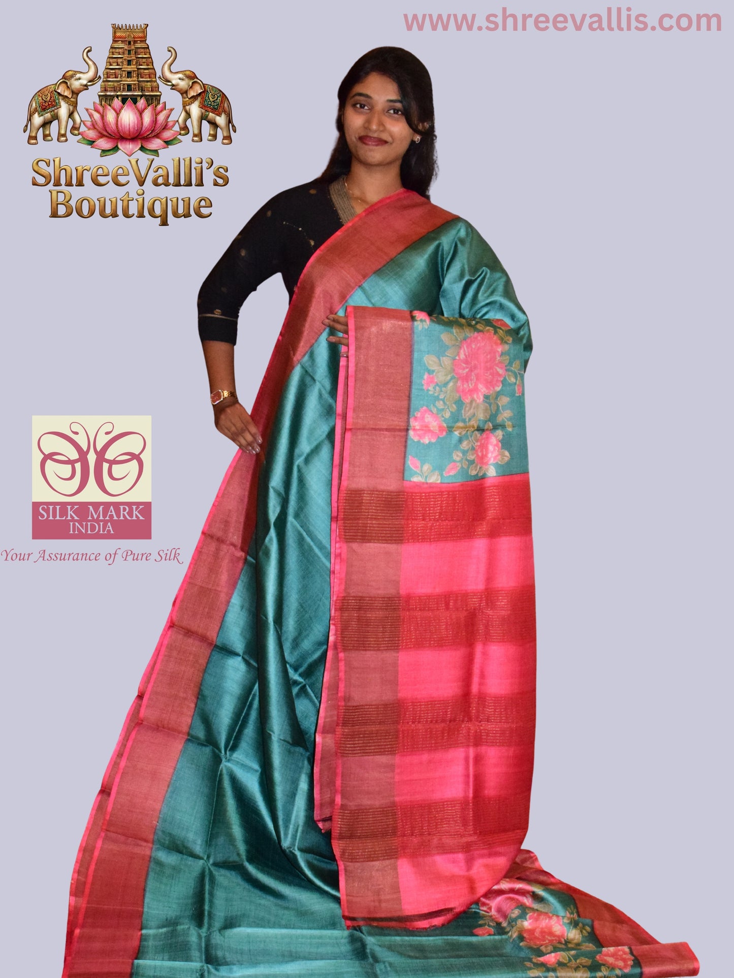 Teal Green Pure Tussar Silk Saree with Pink Floral Border