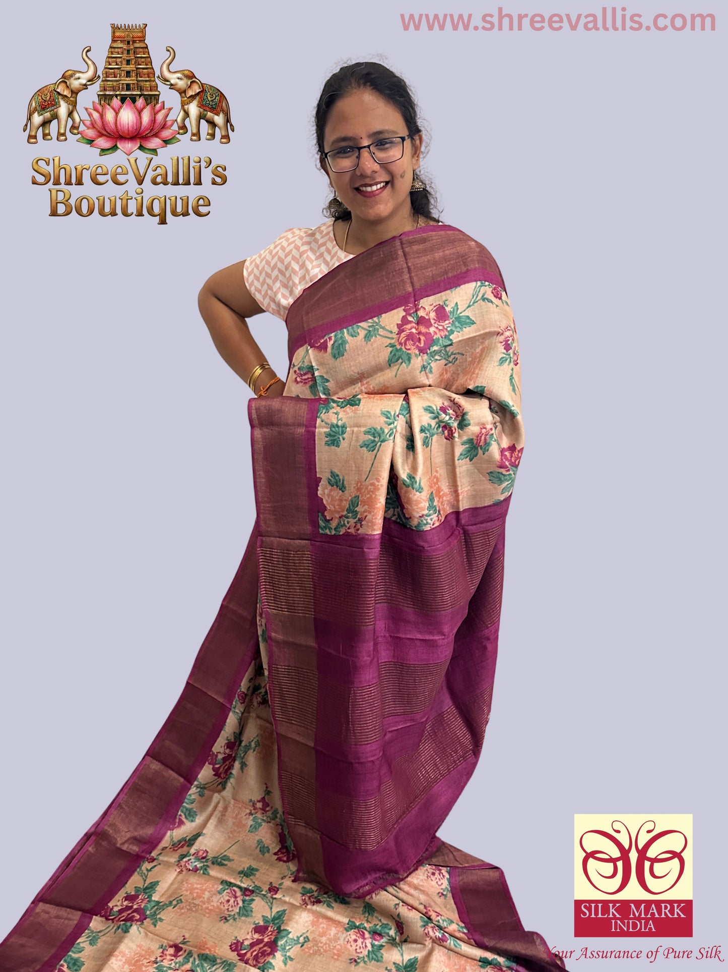 Floral Beige & Deep Magenta border with Zari Pallu - Pure Tussar Silk Saree