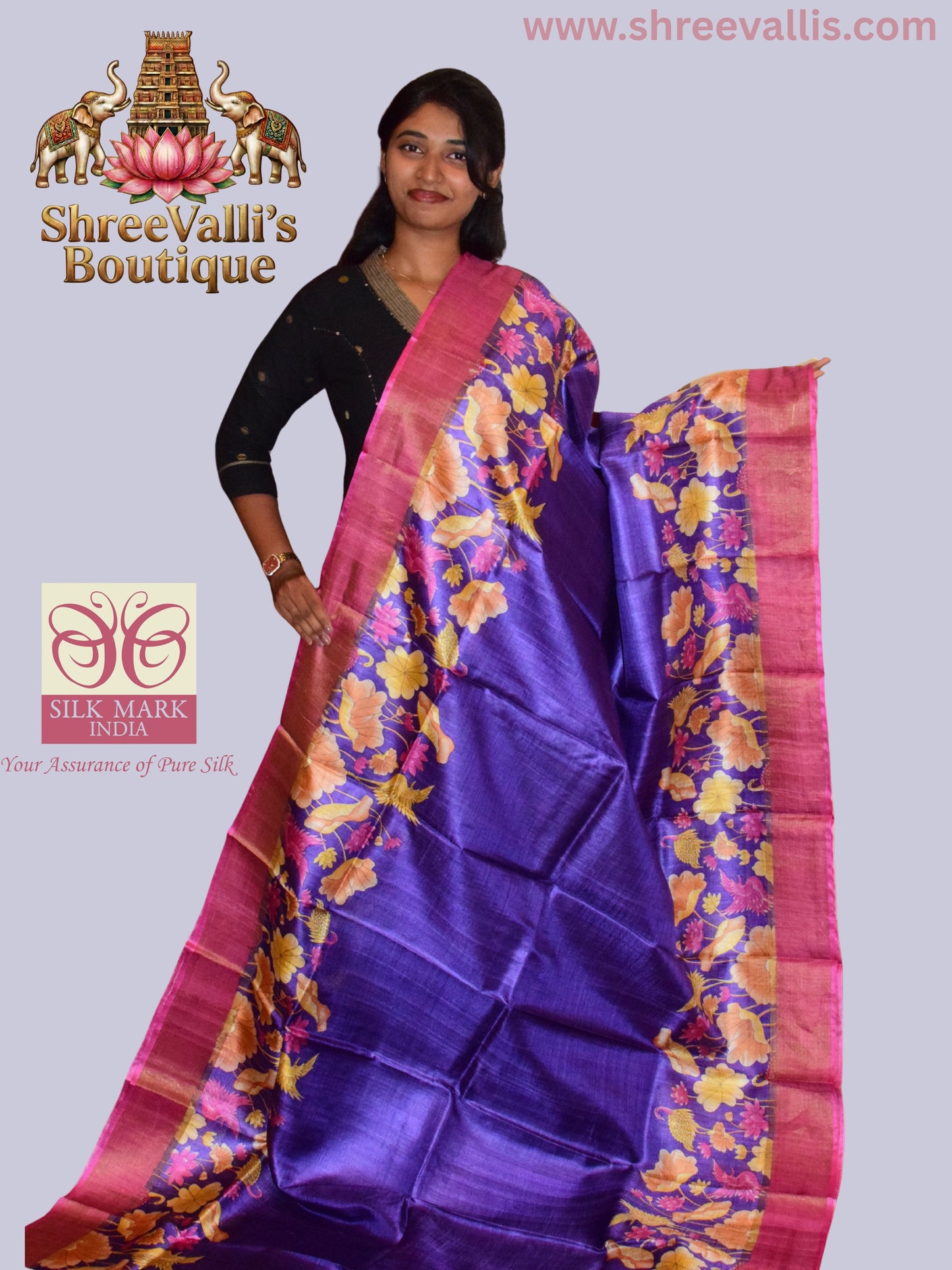 Royal Purple Pure Tussar Silk Saree with Rani Pink Floral Border