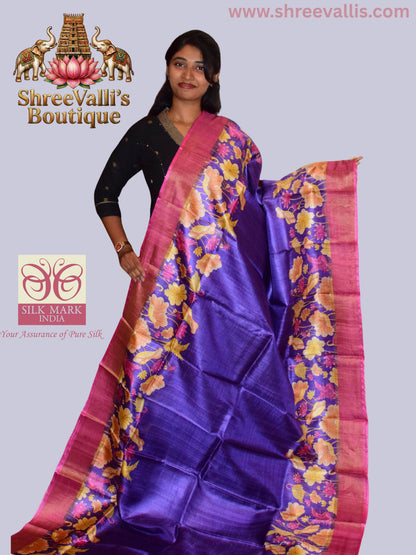 Royal Purple Pure Tussar Silk Saree with Rani Pink Floral Border