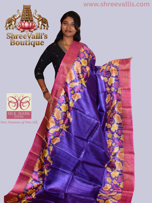 Royal Purple Pure Tussar Silk Saree with Rani Pink Floral Border