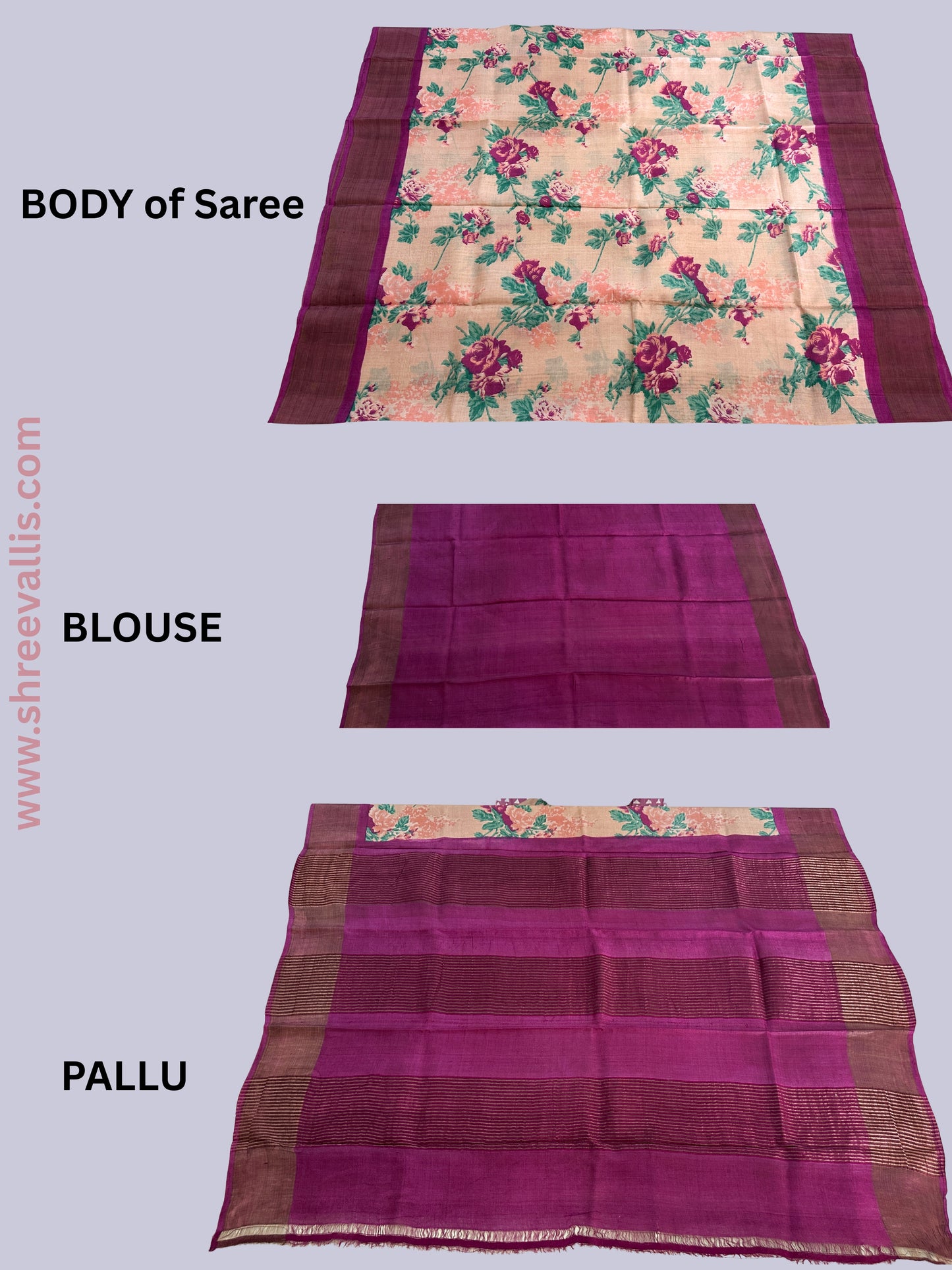 Floral Beige & Deep Magenta border with Zari Pallu - Pure Tussar Silk Saree