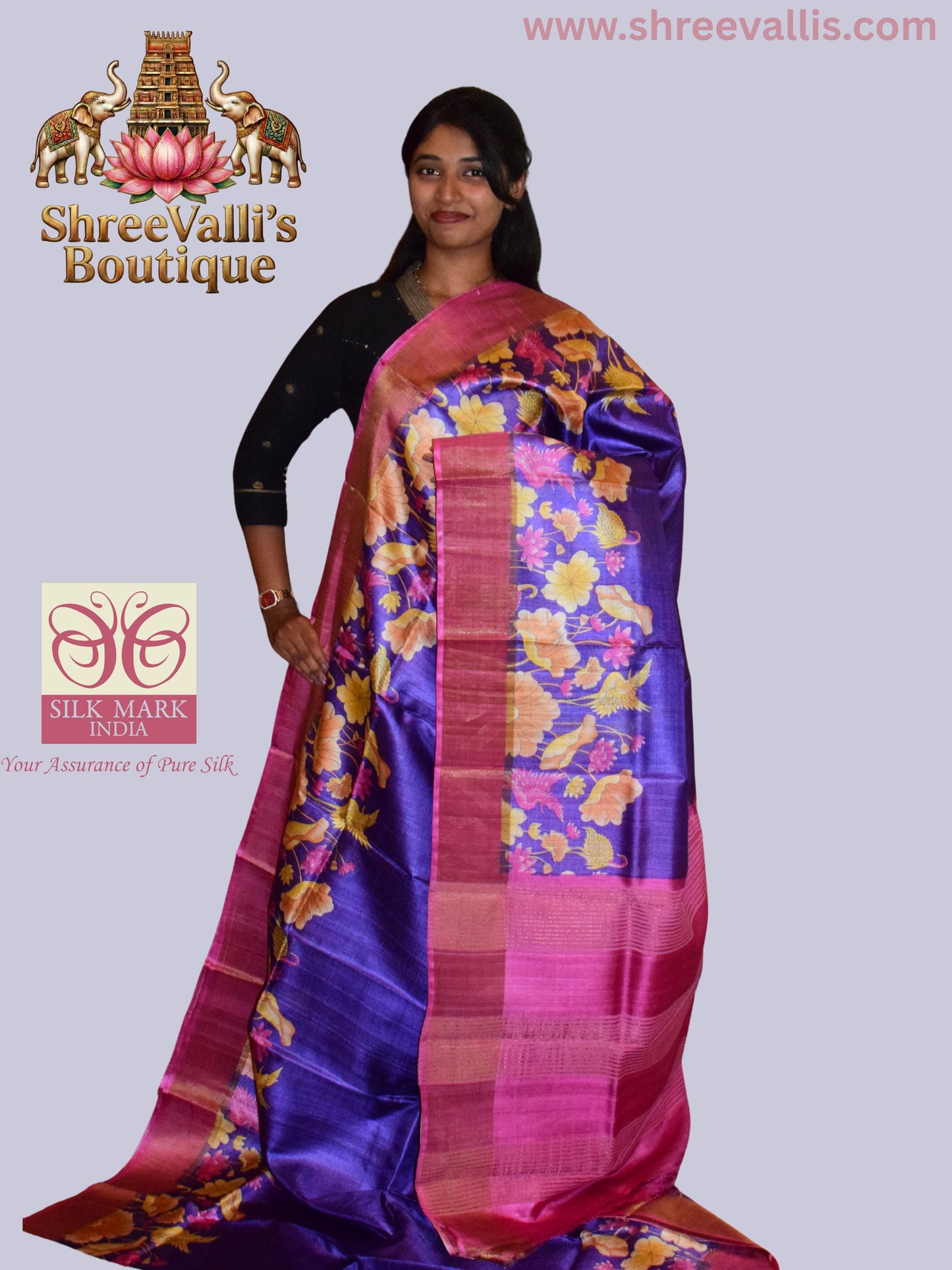 Royal Purple Pure Tussar Silk Saree with Rani Pink Floral Border