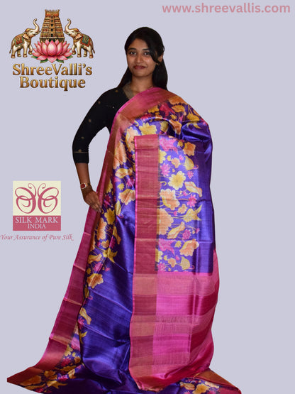 Royal Purple Pure Tussar Silk Saree with Rani Pink Floral Border