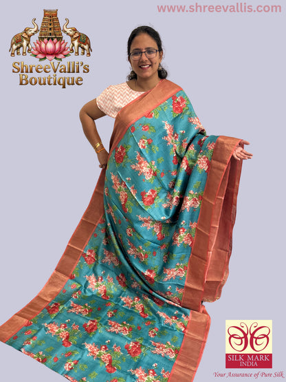 Teal Blue with Floral & Rust border - Pure Tussar Silk Saree