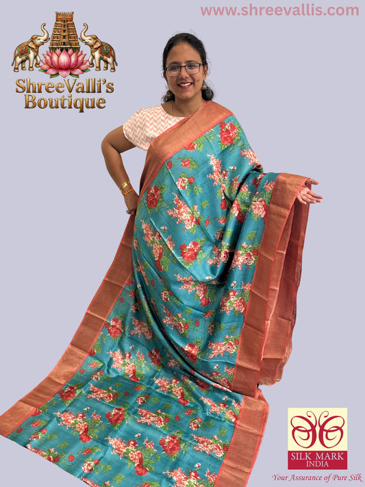 Teal Blue with Floral & Rust border - Pure Tussar Silk Saree