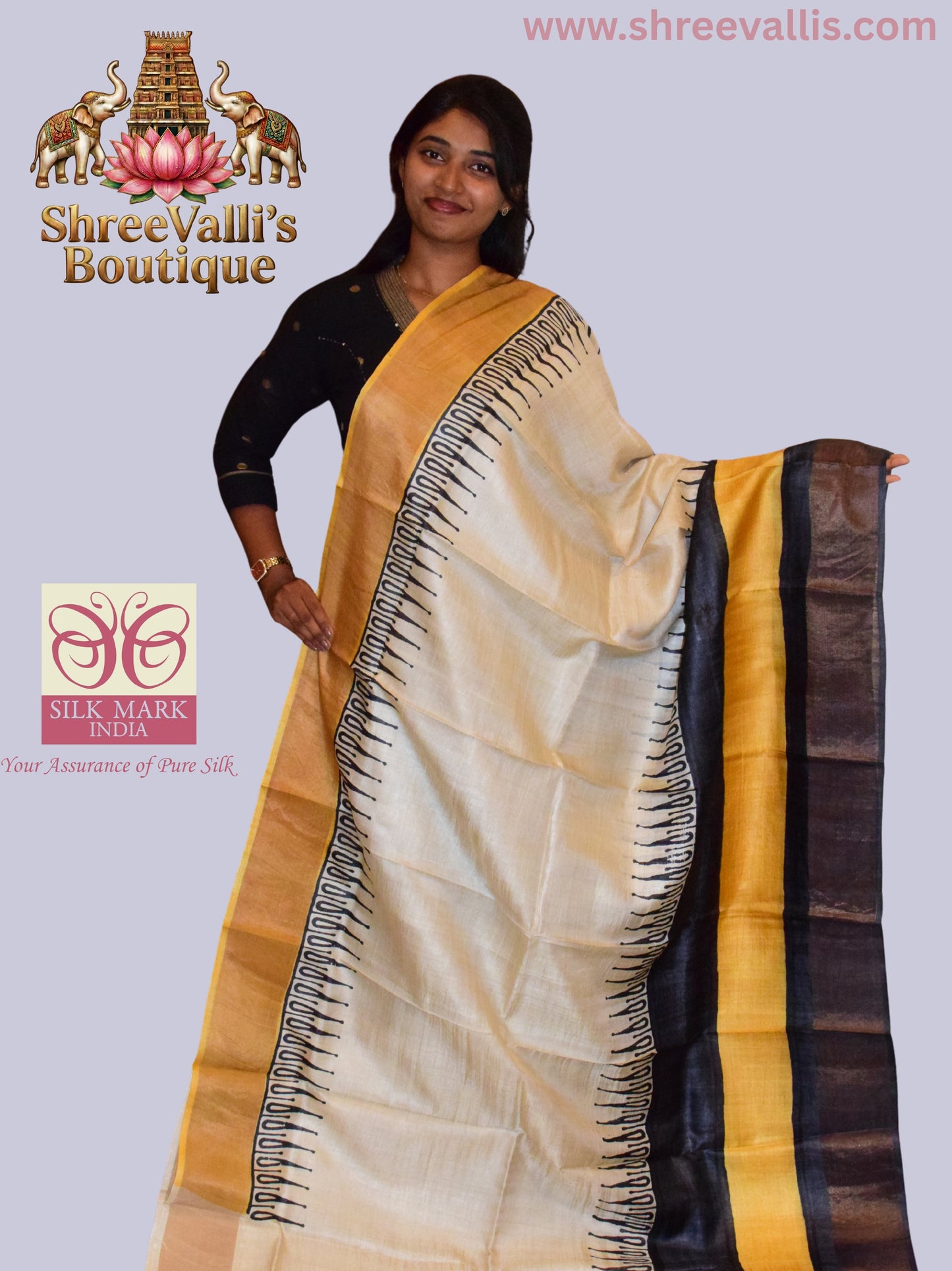Classic Ivory & Mustard Pure Tussar Silk Saree with Geometric Border