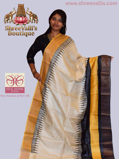 Classic Ivory & Mustard Pure Tussar Silk Saree with Geometric Border
