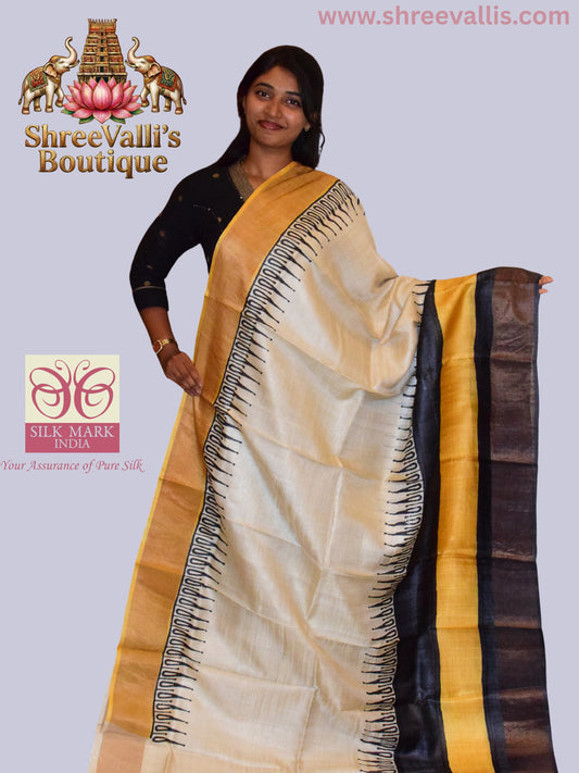 Classic Ivory & Mustard Pure Tussar Silk Saree with Geometric Border