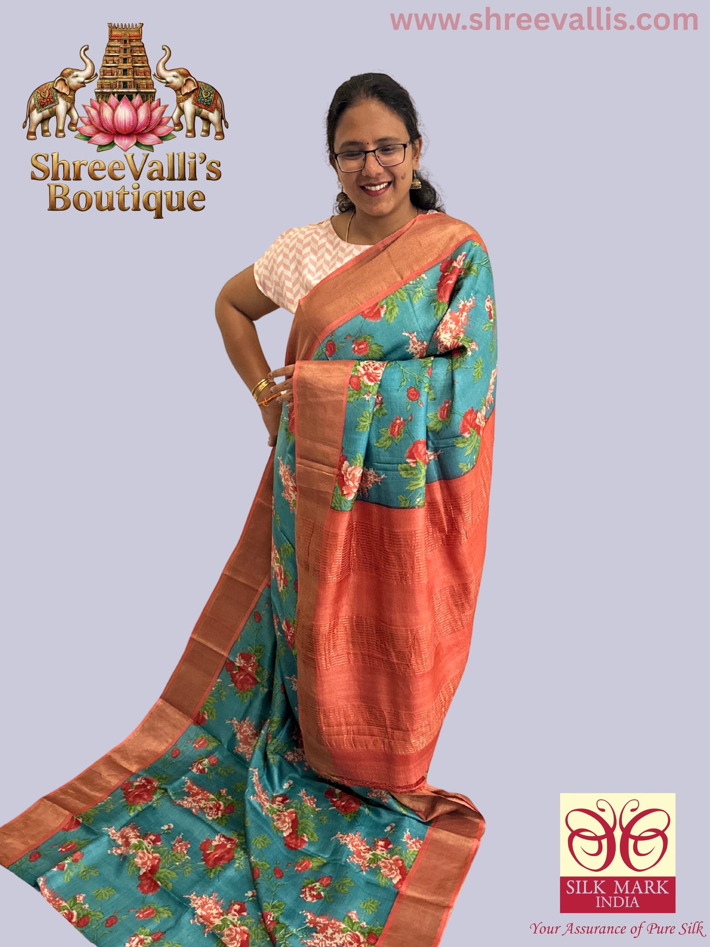 Teal Blue with Floral & Rust border - Pure Tussar Silk Saree