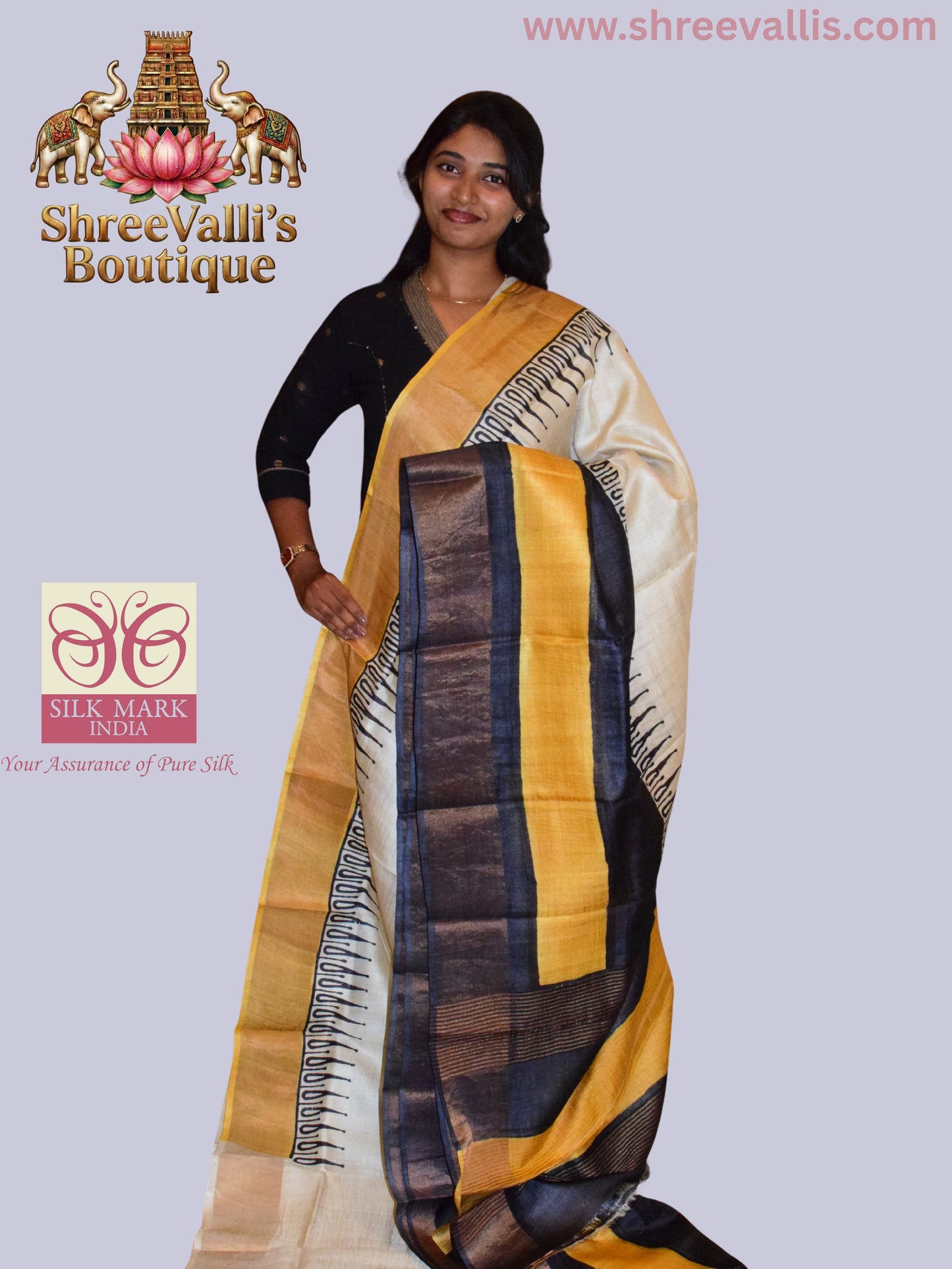 Classic Ivory & Mustard Pure Tussar Silk Saree with Geometric Border