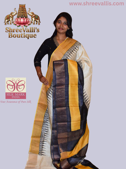 Classic Ivory & Mustard Pure Tussar Silk Saree with Geometric Border