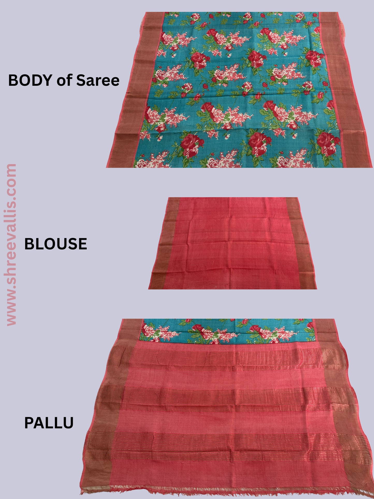 Teal Blue with Floral & Rust border - Pure Tussar Silk Saree