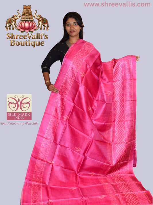 Premium Rani Pink Pure Tussar Silk Saree with Chevron & Heritage Pallu