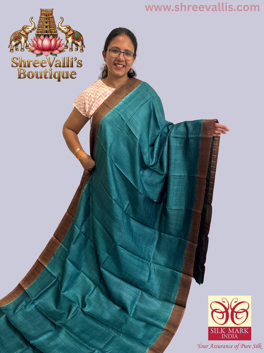 Peacock Teal & Earthy Brown Border - Checks with Kalamkari inspired Blouse & Pallu - Pure Tussar Silk Saree