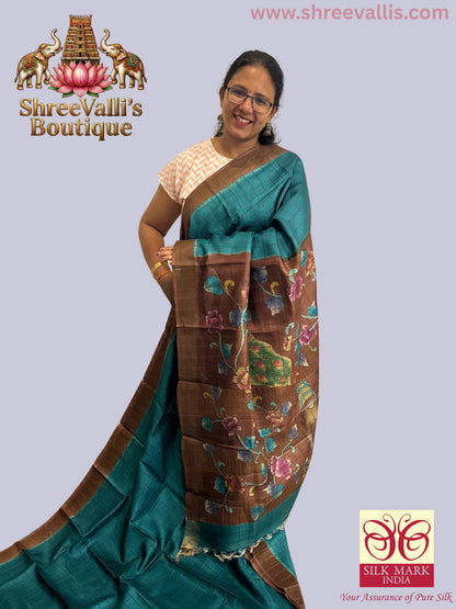 Peacock Teal & Earthy Brown Border - Checks with Kalamkari inspired Blouse & Pallu - Pure Tussar Silk Saree