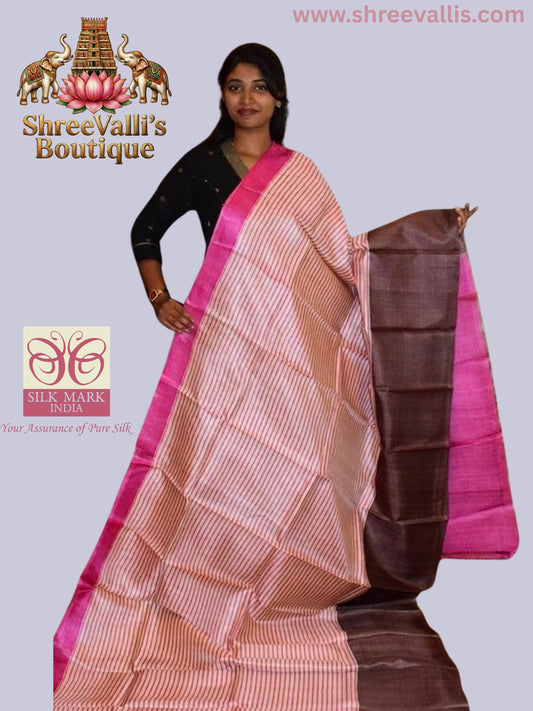 Premium Ivory & Pink Striped Pure Tussar Silk Saree with Brown Pallu