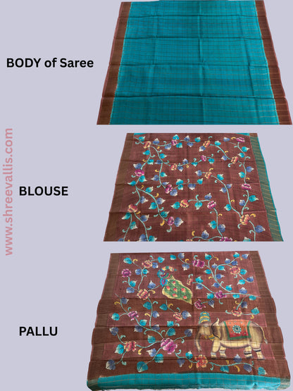 Peacock Teal & Earthy Brown Border - Checks with Kalamkari inspired Blouse & Pallu - Pure Tussar Silk Saree