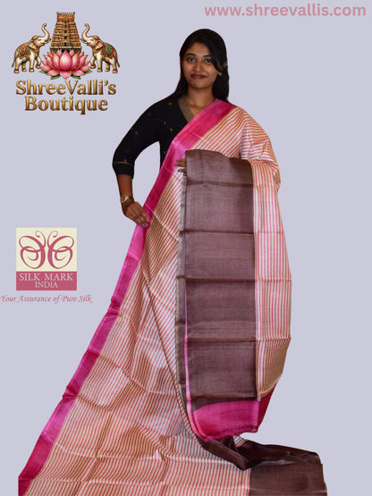Premium Ivory & Pink Striped Pure Tussar Silk Saree with Brown Pallu