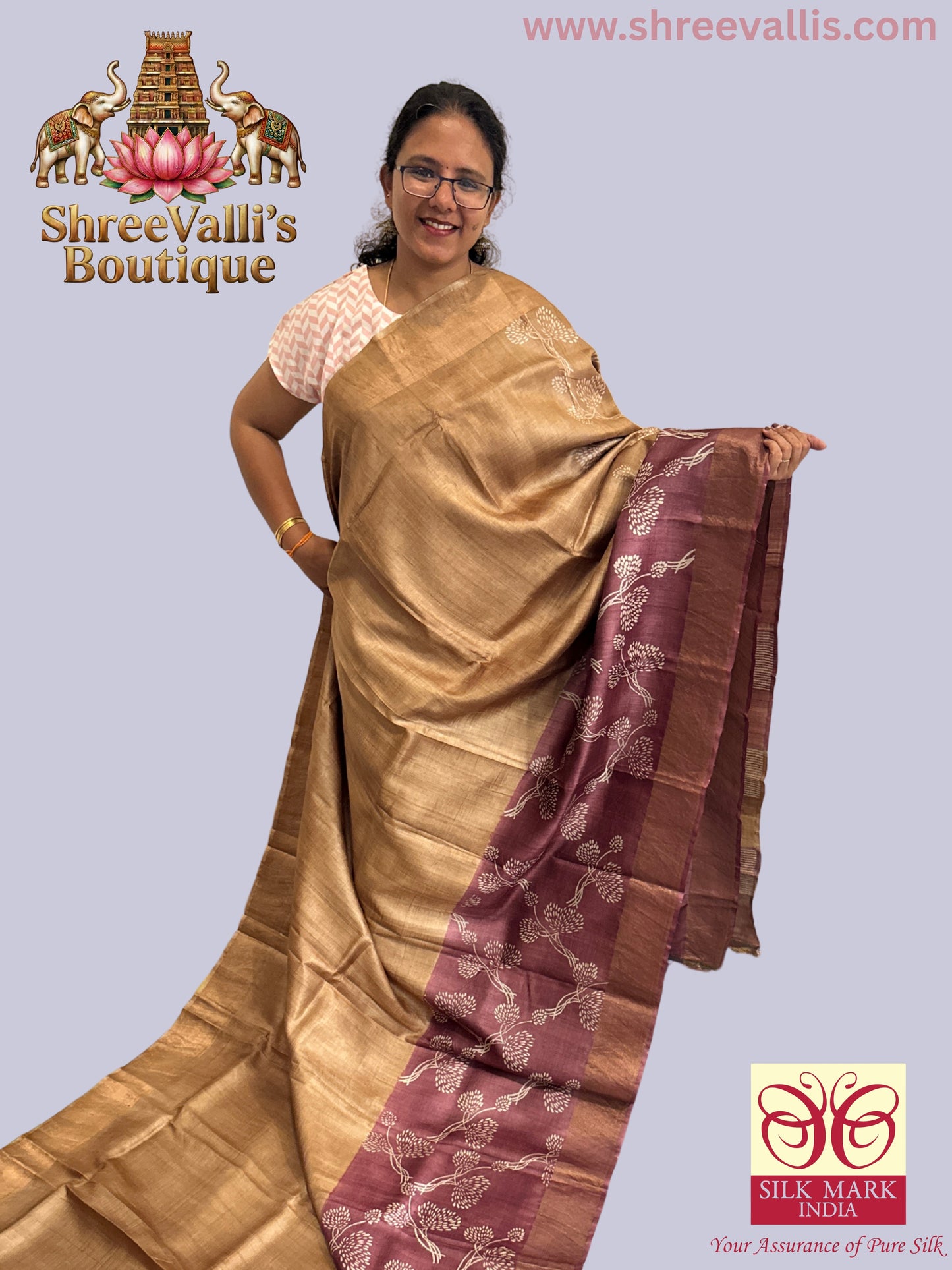 Golden Beige & Maroon Hand-Printed - Pure Tussar Silk Saree