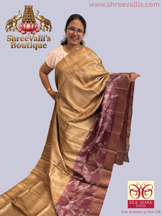 Golden Beige & Maroon Hand-Printed - Pure Tussar Silk Saree
