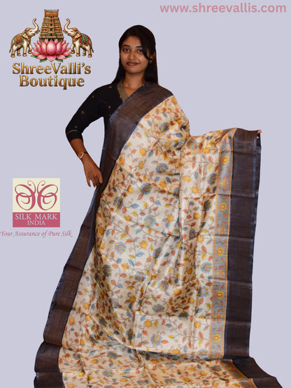 Ivory Kalamkari Floral Pure Tussar Silk Saree with Deep Slate Border