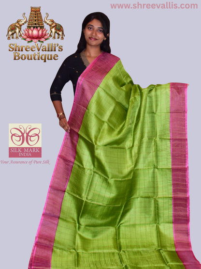 Parrot Green Gold Checks with Floral Pallu - Pure Tussar Silk Saree