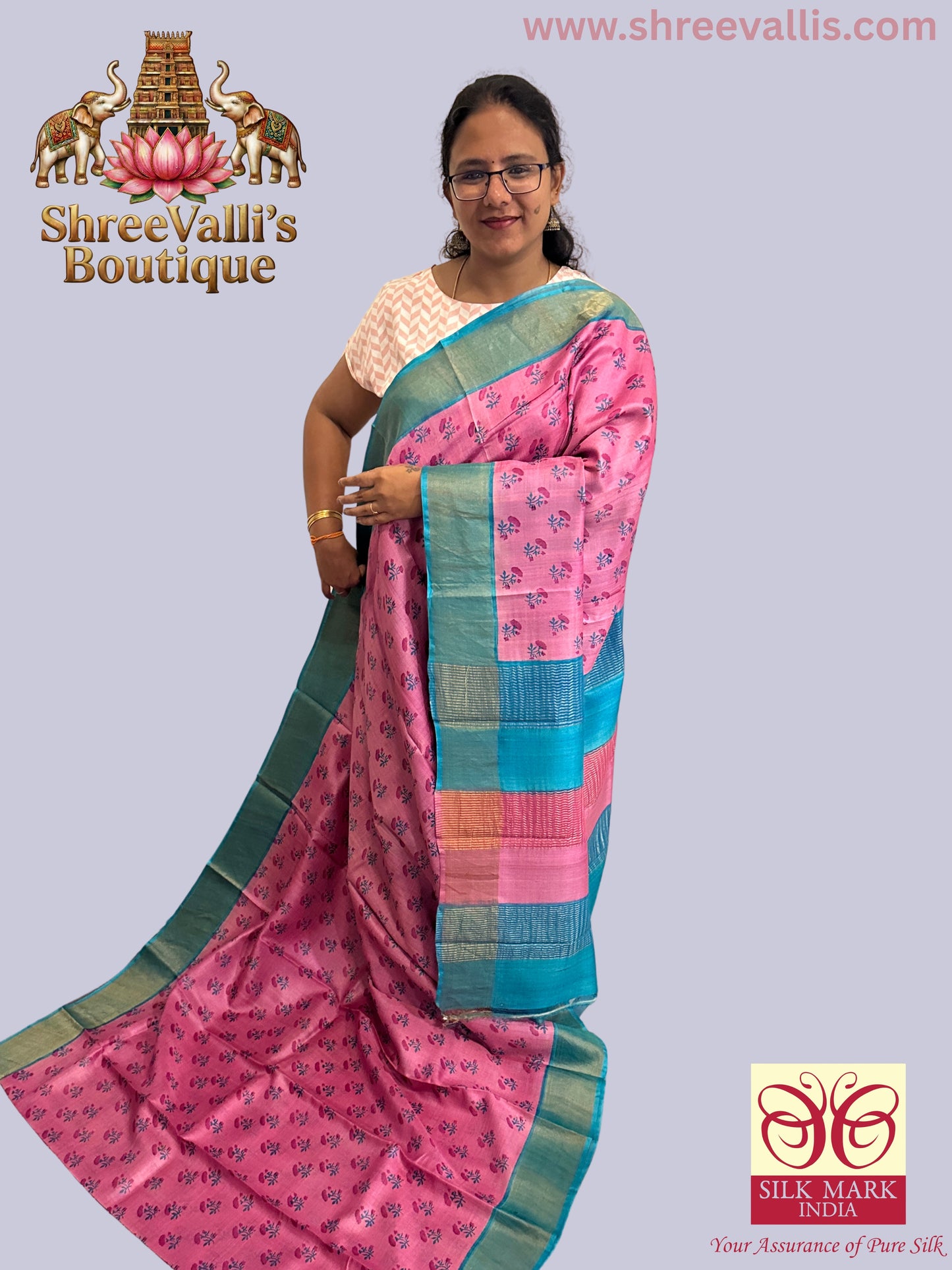 Soft Pink & Teal with Striped Zari Pallu - Pure Tussar Silk Saree