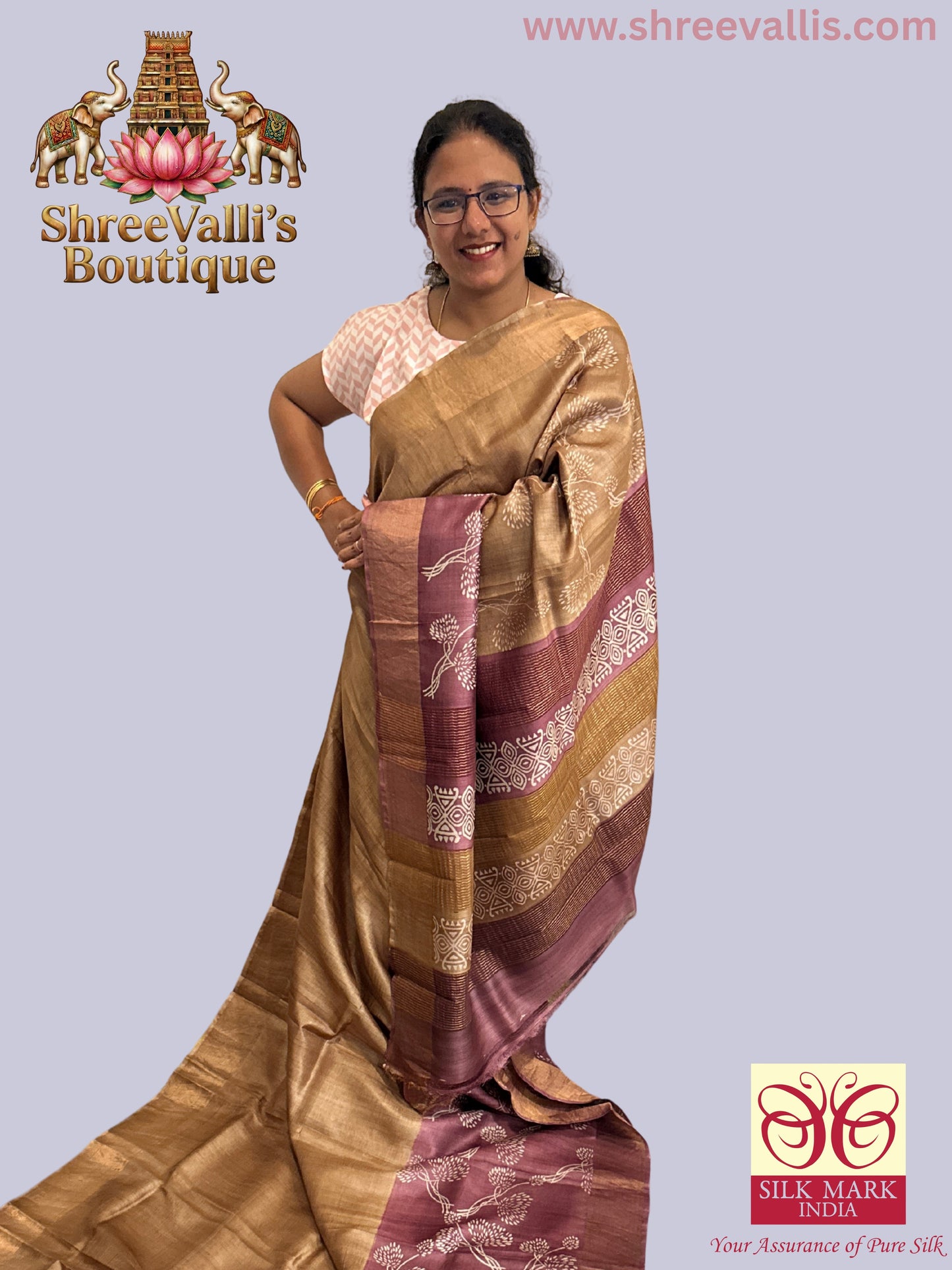 Golden Beige & Maroon Hand-Printed - Pure Tussar Silk Saree