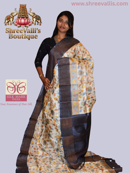 Ivory Kalamkari Floral Pure Tussar Silk Saree with Deep Slate Border
