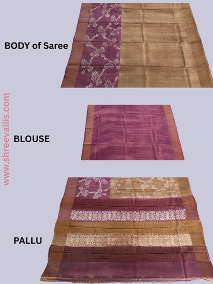 Golden Beige & Maroon Hand-Printed - Pure Tussar Silk Saree