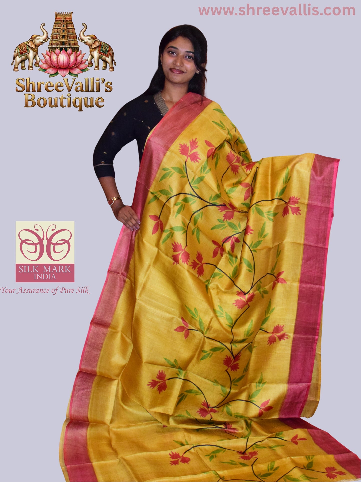 Vibrant Golden Yellow Pure Tussar Silk Saree with Floral motifs