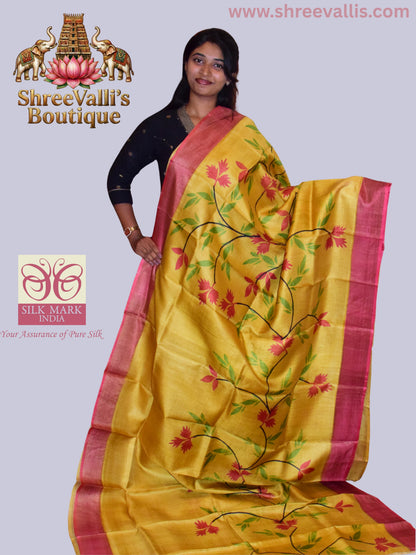 Vibrant Golden Yellow Pure Tussar Silk Saree with Floral motifs
