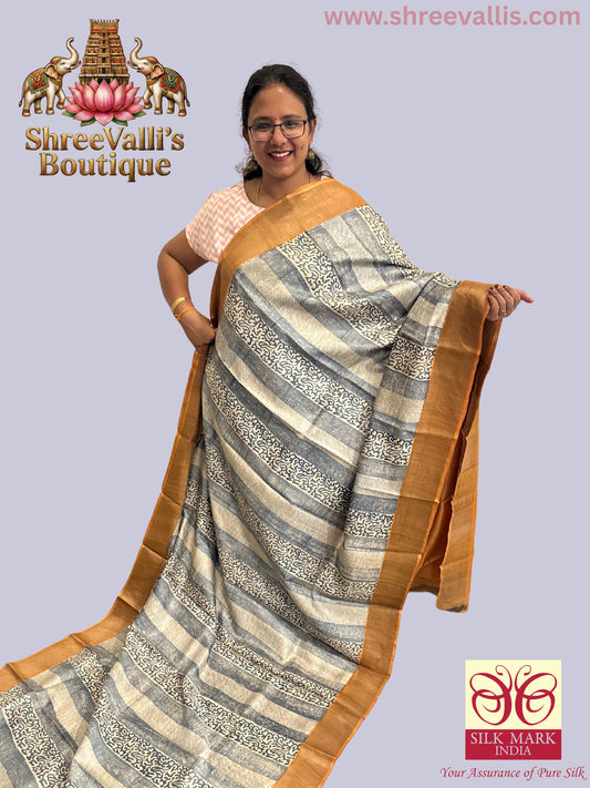 Grey & Ivory with Golden Mustard Border - Pure Tussar Silk Saree