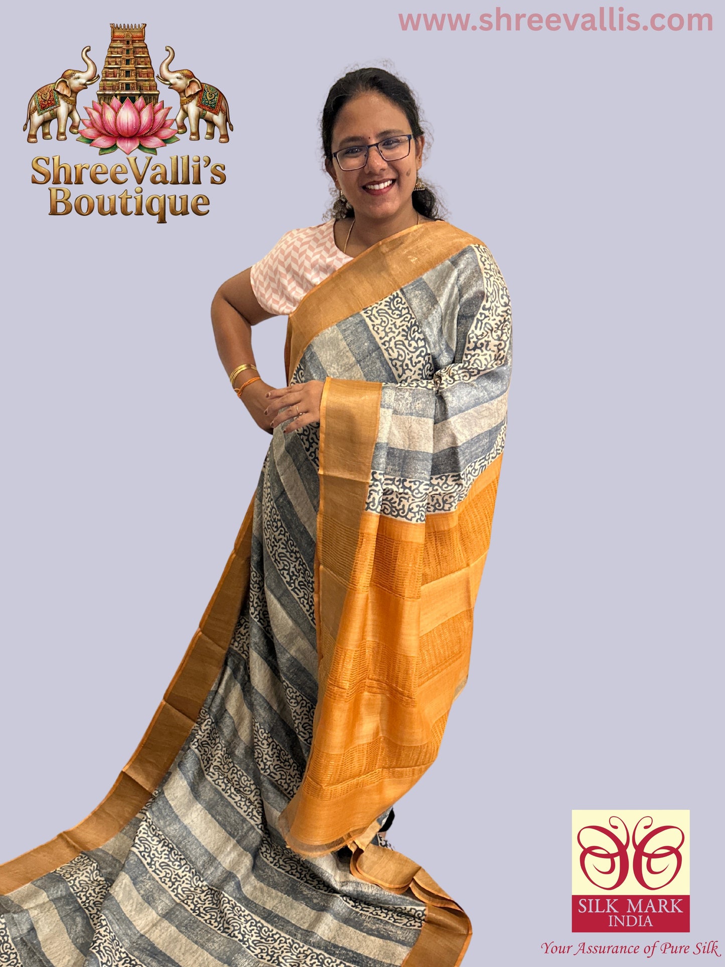Grey & Ivory with Golden Mustard Border - Pure Tussar Silk Saree